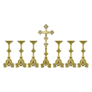 Conjunto de Castiçal e Cruz para Altar em Bronze - 7 Peças