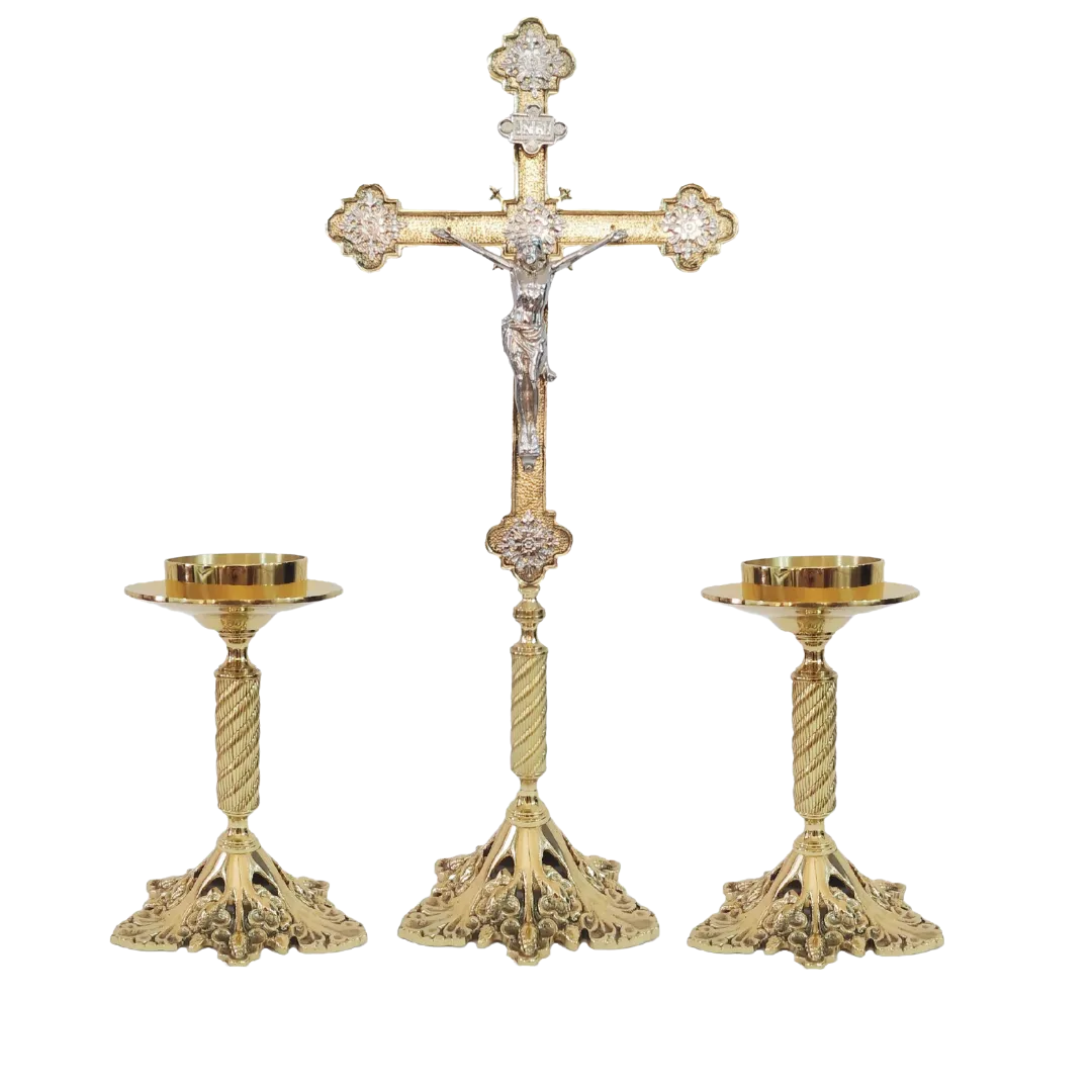 Conjunto de Castiçal de Vela e Cruz para Altar - Bronze