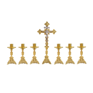 Conjunto de Castiçal e Cruz para Altar - Base JMJ Pequeno - Kit 7 Peças em Bronze