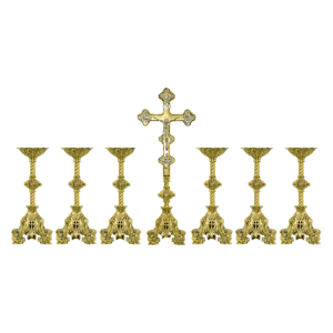 Conjunto de Castiçal e Cruz para Altar em Bronze - 7 Peças